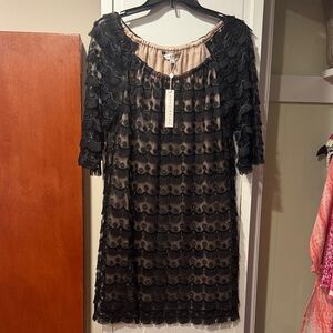 Trina Turk Black Lace Mini Dress with Tan Underlay